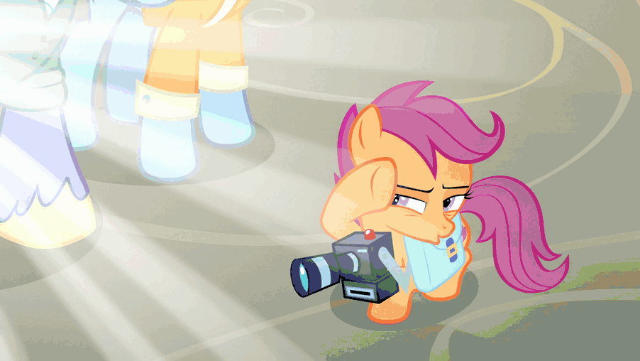 Size: 902x508 | Tagged: safe, screencap, character:bow hothoof, character:scootaloo, character:windy whistles, species:pegasus, species:pony, ship:windyhoof, episode:parental glideance, g4, my little pony: friendship is magic, animated, camera, crepuscular rays, female, filly, gif, male, rainbow dash's parents, saddle bag