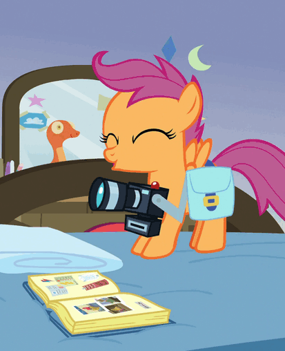 Size: 413x508 | Tagged: safe, screencap, character:scootaloo, species:pegasus, species:pony, episode:parental glideance, g4, my little pony: friendship is magic, animated, camera, cropped, cute, cutealoo, gif, happy, jumping, jumping on the bed, saddle bag, scrapbook, solo, squee
