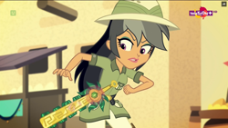 Size: 1600x900 | Tagged: safe, screencap, character:daring do, equestria girls:movie magic, g4, my little pony:equestria girls, chestnut magnifico, clothing, costume, macuahuitl, sword of lusitano, teletoon, wig