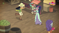Size: 1600x900 | Tagged: safe, screencap, character:daring do, character:twilight sparkle, character:twilight sparkle (scitwi), species:eqg human, equestria girls:movie magic, g4, my little pony:equestria girls, book, chestnut magnifico, clothing, costume, india movie set, macuahuitl, shocked, startled, sword of lusitano, teletoon