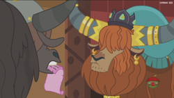 Size: 1920x1080 | Tagged: safe, screencap, character:prince rutherford, species:pony, episode:not asking for trouble, g4, my little pony: friendship is magic, crown, ear piercing, earring, horn ring, jewelry, letter, mouth hold, piercing, regalia