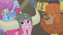 Size: 1234x692 | Tagged: safe, screencap, character:pinkie pie, character:prince rutherford, character:rainbow dash, species:pony, episode:not asking for trouble, g4, my little pony: friendship is magic, helmet, honorary yak horns, horned helmet, viking helmet
