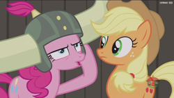 Size: 1920x1080 | Tagged: safe, screencap, character:applejack, character:pinkie pie, species:pony, episode:not asking for trouble, g4, my little pony: friendship is magic, helmet, honorary yak horns, horned helmet, viking helmet