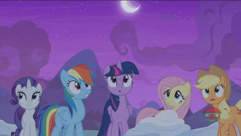 Size: 768x432 | Tagged: safe, screencap, character:applejack, character:fluttershy, character:pinkie pie, character:rainbow dash, character:rarity, character:twilight sparkle, character:twilight sparkle (alicorn), species:alicorn, species:pony, episode:not asking for trouble, episode:pinkie spy, g4, my little pony: friendship is magic, my little pony:equestria girls, animated, crescent moon, gif, goggles, grappling hook, hot air balloon, mane six, moon, rope, spy outfit, twinkling balloon