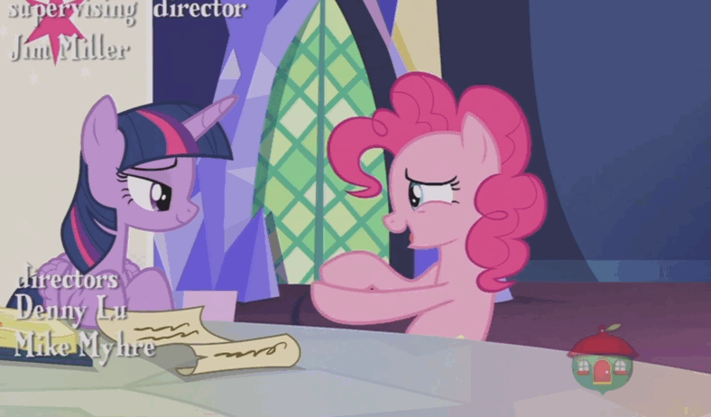 Size: 788x462 | Tagged: safe, screencap, character:pinkie pie, character:twilight sparkle, character:twilight sparkle (alicorn), species:alicorn, species:pony, episode:not asking for trouble, g4, my little pony: friendship is magic, animated, gif, pinkie being pinkie, twilight's castle