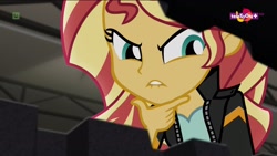Size: 1920x1080 | Tagged: safe, screencap, character:sunset shimmer, equestria girls:movie magic, g4, my little pony:equestria girls, clothing, jacket, leather jacket, lip bite, teletoon