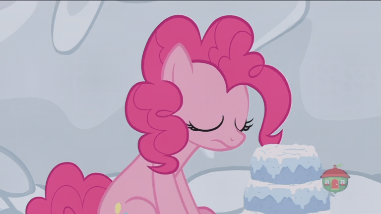 Size: 768x432 | Tagged: safe, screencap, character:pinkie pie, character:prince rutherford, species:pony, episode:not asking for trouble, g4, my little pony: friendship is magic, animated, brain freeze, cake, eating, food, gif, icicle, shivering, snow