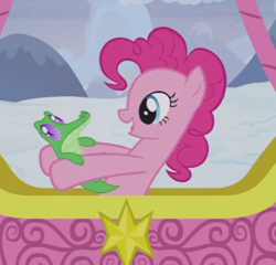 Size: 412x396 | Tagged: safe, screencap, character:gummy, character:pinkie pie, species:pony, episode:not asking for trouble, g4, my little pony: friendship is magic, cropped, hot air balloon, twinkling balloon