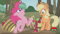Size: 969x554 | Tagged: safe, screencap, character:applejack, character:pinkie pie, species:pony, episode:not asking for trouble, g4, my little pony: friendship is magic, basket, bump, bushel basket, clumsy, pure unfiltered evil, surprised