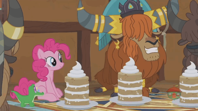 Size: 653x365 | Tagged: safe, screencap, character:gummy, character:pinkie pie, character:prince rutherford, species:earth pony, species:pony, species:yak, episode:not asking for trouble, g4, my little pony: friendship is magic, animated, cake, cloven hooves, eating, female, food, gif, male