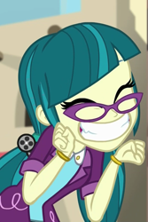 Size: 683x1020 | Tagged: safe, screencap, character:juniper montage, equestria girls:movie magic, g4, my little pony:equestria girls, ^^, adorkable, baubles, blazer, bracelet, clothing, cropped, cute, cute little fangs, dork, eyes closed, fangs, female, glasses, grin, hair tie, happy, india movie set, jewelry, junibetes, pigtails, shirt, smiling, solo, squee, standing, twintails