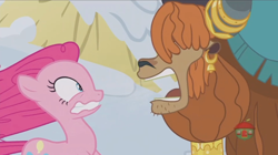 Size: 1234x692 | Tagged: safe, screencap, character:pinkie pie, character:prince rutherford, species:pony, episode:not asking for trouble, g4, my little pony: friendship is magic, windswept mane, yelling
