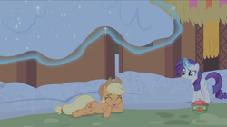 Size: 1234x692 | Tagged: safe, screencap, character:applejack, character:rarity, species:pony, episode:not asking for trouble, g4, my little pony: friendship is magic, magic, snow, telekinesis