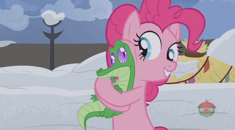 Size: 806x449 | Tagged: safe, screencap, character:gummy, character:pinkie pie, species:pony, episode:not asking for trouble, g4, my little pony: friendship is magic, animated, gif, licking, tongue out, treehouse logo