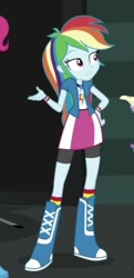 Size: 266x551 | Tagged: safe, screencap, character:rainbow dash, equestria girls:movie magic, g4, my little pony:equestria girls, animation error, boots, clothing, compression shorts, cool, cropped, geode of super speed, jewelry, magical geodes, skirt, socks, solo, solo focus, wristband