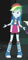 Size: 258x551 | Tagged: safe, screencap, character:rainbow dash, character:twilight sparkle, character:twilight sparkle (scitwi), species:eqg human, equestria girls:movie magic, g4, my little pony:equestria girls, boots, bracelet, clothing, compression shorts, cropped, cute, female, geode of super speed, jewelry, magical geodes, offscreen character, pose, skirt, socks, solo, wristband