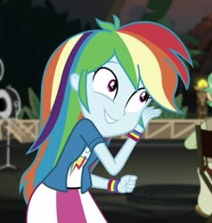 Size: 479x503 | Tagged: safe, screencap, character:rainbow dash, equestria girls:movie magic, g4, my little pony:equestria girls, canter zoom, chair, clothing, cropped, cute, dashabetes, female, skirt, smiling, solo focus, wristband