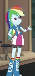 Size: 242x515 | Tagged: safe, screencap, character:rainbow dash, equestria girls:movie magic, g4, my little pony:equestria girls, boots, bracelet, clothing, compression shorts, cool, cropped, female, geode of super speed, hand on butt, hand on hip, jewelry, magical geodes, pose, skirt, socks, solo, striped socks, thinking, wristband