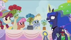 Size: 1600x908 | Tagged: safe, screencap, character:hilly hooffield, character:princess luna, species:pony, episode:a royal problem, g4, my little pony: friendship is magic, blue ribbon, flower, hooffield family, magic, rose, swapped cutie marks, telekinesis