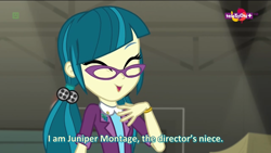 Size: 1366x768 | Tagged: safe, screencap, character:juniper montage, equestria girls:movie magic, g4, my little pony:equestria girls, cute, eyes closed, female, glasses, junibetes, solo, subtitles, teletoon