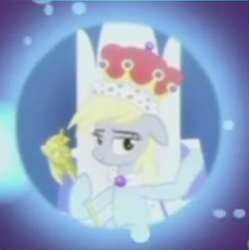 Size: 479x480 | Tagged: safe, screencap, character:derpy hooves, species:pegasus, species:pony, episode:a royal problem, g4, my little pony: friendship is magic, cape, clothing, cropped, crown, dream orbs, dreamscape, epic, epic derpy, female, jewelry, mare, queen derpy, regalia, scepter, solo, throne, twilight scepter, underp
