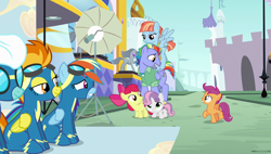 Size: 1920x1090 | Tagged: safe, screencap, character:apple bloom, character:bow hothoof, character:fleetfoot, character:rainbow dash, character:scootaloo, character:spitfire, character:sweetie belle, character:windy whistles, species:pegasus, species:pony, ship:windyhoof, episode:parental glideance, g4, my little pony: friendship is magic, clothing, cutie mark crusaders, rainbow dash's parents, uniform, wonderbolts uniform