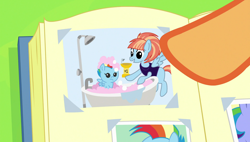 Size: 1920x1090 | Tagged: safe, screencap, character:bow hothoof, character:rainbow dash, character:scootaloo, character:windy whistles, species:pegasus, species:pony, episode:parental glideance, g4, my little pony: friendship is magic, baby, baby dash, baby pony, bubble bath, photo, rainbow dash's parents, younger