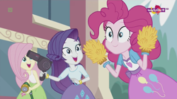 Size: 1136x638 | Tagged: safe, screencap, character:fluttershy, character:pinkie pie, character:rarity, equestria girls:dance magic, g4, my little pony:equestria girls, clothing, hair dryer, happy, hose, mountain, open mouth, skirt, sponge, teletoon