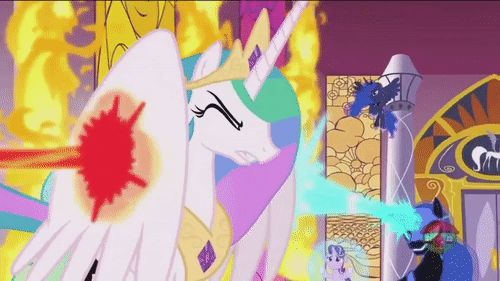 Size: 500x281 | Tagged: safe, screencap, character:daybreaker, character:nightmare moon, character:princess celestia, character:princess luna, character:starlight glimmer, species:pony, episode:a royal problem, g4, my little pony: friendship is magic, animated, beam struggle, fire, flying, gif, magic, magic blast, shield, shit just got real, treehouse logo
