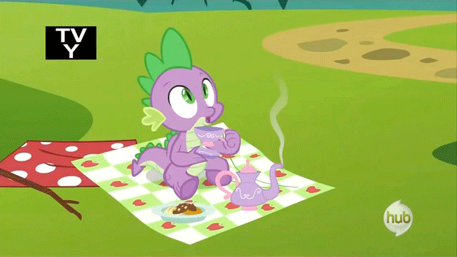 Size: 640x360 | Tagged: safe, screencap, character:spike, species:dragon, episode:dragon quest, g4, my little pony: friendship is magic, animated, bindle, cookie, cup, food, gif, hub logo, picnic blanket, solo, tea, teacup, teapot, tv rating, tv-y
