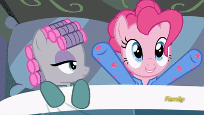 Size: 400x225 | Tagged: safe, screencap, character:maud pie, character:pinkie pie, species:earth pony, species:pony, episode:rock solid friendship, g4, my little pony: friendship is magic, animated, bed, clapping, clothing, cute, diapinkes, discovery family logo, duo, female, gif, hair curlers, hoofy-kicks, loop, mare, pajamas, pillow, sisters