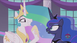 Size: 1920x1080 | Tagged: safe, screencap, character:princess celestia, character:princess luna, species:alicorn, species:pony, episode:a royal problem, g4, my little pony: friendship is magic, absurd resolution, canterlot castle, eye contact, female, frown, grin, hoof over mouth, lidded eyes, looking at each other, mare, open mouth, pointing, raised eyebrow, raised hoof, shit eating grin, smiling, smuglestia, squee, stare, treehouse logo, trollestia, wide eyes