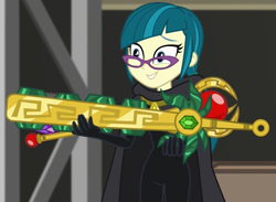 Size: 1263x923 | Tagged: safe, screencap, character:juniper montage, equestria girls:movie magic, g4, my little pony:equestria girls, arrow of marapore, bodysuit, cape, clothing, cropped, female, glasses, macuahuitl, scepter, solo, staff of ponypeii, sword of lusitano