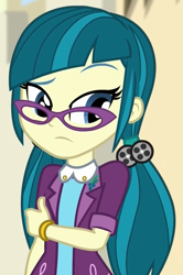 Size: 553x831 | Tagged: safe, screencap, character:juniper montage, equestria girls:movie magic, g4, my little pony:equestria girls, bracelet, cropped, female, glasses, hand on arm, jewelry, solo