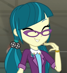 Size: 997x1077 | Tagged: safe, screencap, character:juniper montage, equestria girls:movie magic, g4, my little pony:equestria girls, ^^, adorkable, baubles, blazer, bracelet, clothing, cropped, cute, dork, eyes closed, female, glasses, grin, hair tie, jewelry, junibetes, pigtails, shirt, smiling, solo, twintails