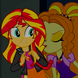 Size: 630x630 | Tagged: safe, screencap, character:adagio dazzle, character:sunset shimmer, equestria girls:rainbow rocks, g4, my little pony:equestria girls, clothing, cropped, eyes closed, female, jewelry, out of context, pendant, personal space invasion, skirt