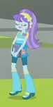 Size: 76x152 | Tagged: safe, screencap, character:aqua blossom, episode:player piano, equestria girls:rainbow rocks, g4, my little pony:equestria girls, background human, boots, bow tie, clothing, compression shorts, cropped, eyes closed, flower, headband, high heel boots, notebook, picture for breezies, raised leg, skirt, solo