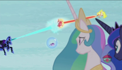 Size: 1280x738 | Tagged: safe, screencap, character:daybreaker, character:nightmare moon, character:princess celestia, character:princess luna, character:starlight glimmer, species:alicorn, species:pony, episode:a royal problem, g4, my little pony: friendship is magic, dream, dream walker, dream walker celestia, dream walker luna, fight, flying, magic, magic blast, shield