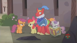 Size: 1031x582 | Tagged: safe, screencap, character:apple bloom, character:big mcintosh, character:scootaloo, character:sweetie belle, species:pegasus, species:pony, episode:hard to say anything, g4, my little pony: friendship is magic, clothing, costume, cutie mark crusaders, dressup, heart, prince outfit, ruff (clothing)