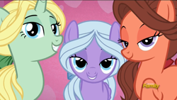 Size: 1920x1080 | Tagged: safe, screencap, character:dear darling, character:fond feather, character:swoon song, species:earth pony, species:pegasus, species:pony, species:unicorn, episode:hard to say anything, g4, my little pony: friendship is magic, background pony, bedroom eyes, bimbettes, discovery family logo, female, lidded eyes, looking at you, mare, raised hoof, seductive, smiling, trio, trio female