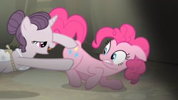 Size: 1920x1080 | Tagged: safe, screencap, character:pinkie pie, character:sugar belle, species:pony, episode:the cutie map, g4, my little pony: friendship is magic, butt touch, equalized, hoof on butt, non-consensual butt fondling, out of context, personal space invasion