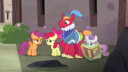 Size: 1920x1080 | Tagged: safe, screencap, character:apple bloom, character:big mcintosh, character:scootaloo, character:sweetie belle, species:pegasus, species:pony, episode:hard to say anything, g4, my little pony: friendship is magic, cutie mark crusaders, dressup, heart, lidded eyes, prince outfit, ruff (clothing)
