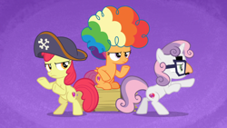 Size: 1920x1080 | Tagged: safe, screencap, character:apple bloom, character:scootaloo, character:sweetie belle, species:pegasus, species:pony, episode:hard to say anything, g4, my little pony: friendship is magic, agent rainbow head, charlie's angels, clothing, clown wig, cute, cutie mark crusaders, disguise, dressup, groucho mask, hat, pirate hat, pose as a team, shimmering spectacles, spyrate