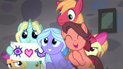 Size: 1920x1080 | Tagged: safe, screencap, character:big mcintosh, character:dear darling, character:fond feather, character:scootaloo, character:swoon song, species:earth pony, species:pegasus, species:pony, episode:hard to say anything, g4, my little pony: friendship is magic, battle for sugar belle, bimbettes, fangirl, male, rebus, stallion