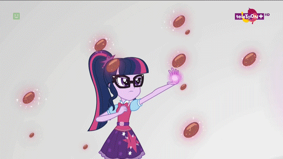 Size: 576x324 | Tagged: safe, screencap, character:juniper montage, character:pinkie pie, character:twilight sparkle, character:twilight sparkle (scitwi), species:eqg human, equestria girls:mirror magic, g4, my little pony:equestria girls, almonds, animated, chocolate, food, geode of sugar bombs, geode of telekinesis, gif, magical geodes, mirror, mirror world, pac-man, reference, teletoon