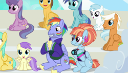 Size: 1920x1090 | Tagged: safe, screencap, character:alula, character:bow hothoof, character:cotton cloudy, character:emerald green, character:green gem, character:pluto, character:sunshower raindrops, character:windy whistles, species:pegasus, species:pony, episode:parental glideance, g4, my little pony: friendship is magic, 80s hair, 80s windy whistles, background pony, blue october, blueberry muffin, female, male, mare, rainbow dash's parents, stallion, unnamed pony, velvet light