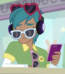 Size: 464x528 | Tagged: safe, screencap, equestria girls:mirror magic, g4, my little pony:equestria girls, background human, carlos thunderbolt, cellphone, cropped, phone, smartphone, solo, sunglasses, wood opal