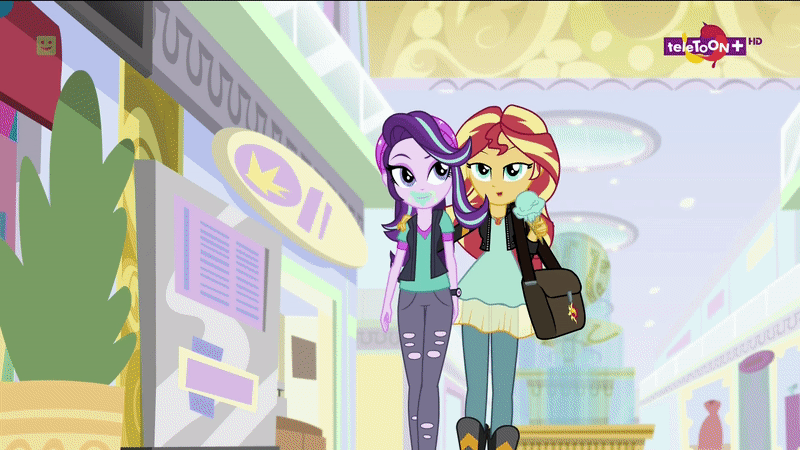 Size: 800x450 | Tagged: safe, screencap, character:starlight glimmer, character:sunset shimmer, equestria girls:mirror magic, g4, my little pony:equestria girls, animated, bag, beanie, clothing, duo, eating, female, food, geode of empathy, gif, hat, hip sway, hug, ice cream, jacket, leather jacket, lidded eyes, looking at each other, magical geodes, messy eating, necklace, pendant, ripped pants, teletoon, thick, vest, walking, watch, wide hips