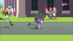 Size: 1136x635 | Tagged: safe, screencap, character:apple bloom, character:bon bon, character:lyra heartstrings, character:scootaloo, character:starlight glimmer, character:sunset shimmer, character:sweetie belle, character:sweetie drops, species:pegasus, species:pony, equestria girls:mirror magic, g4, my little pony:equestria girls, all fours, beanie, clothing, cutie mark crusaders, faec, hat, humans doing horse things, majestic as fuck, teletoon