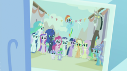 Size: 1920x1080 | Tagged: safe, screencap, character:applejack, character:discord, character:fluttershy, character:pinkie pie, character:princess cadance, character:princess celestia, character:princess flurry heart, character:princess luna, character:rainbow dash, character:rarity, character:shining armor, character:spike, character:trixie, character:twilight sparkle, character:twilight sparkle (alicorn), species:alicorn, species:dragon, species:pony, episode:celestial advice, g4, my little pony: friendship is magic, alicorn pentarchy, alicorn tetrarchy, mane six, our town, photo